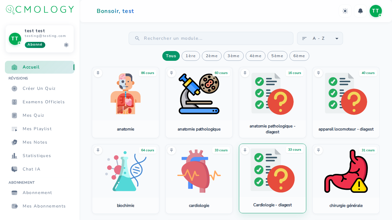 Tableau de bord Qcmology — modules, recherche et filtres par année